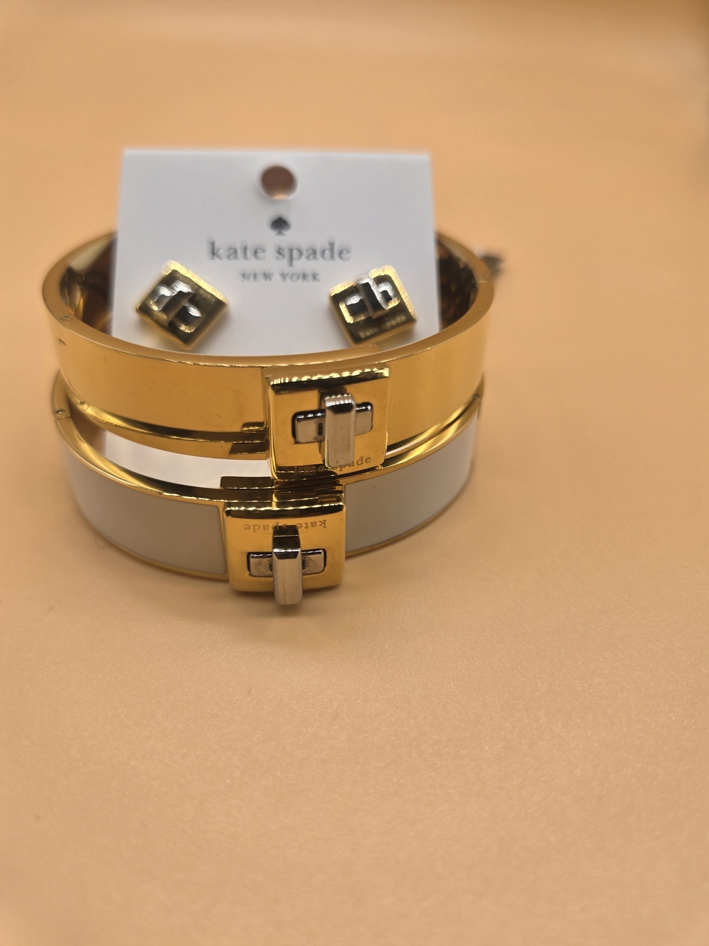 Kate Spade Gold and White Double Hinge Bracelet Set with Stud Earrings